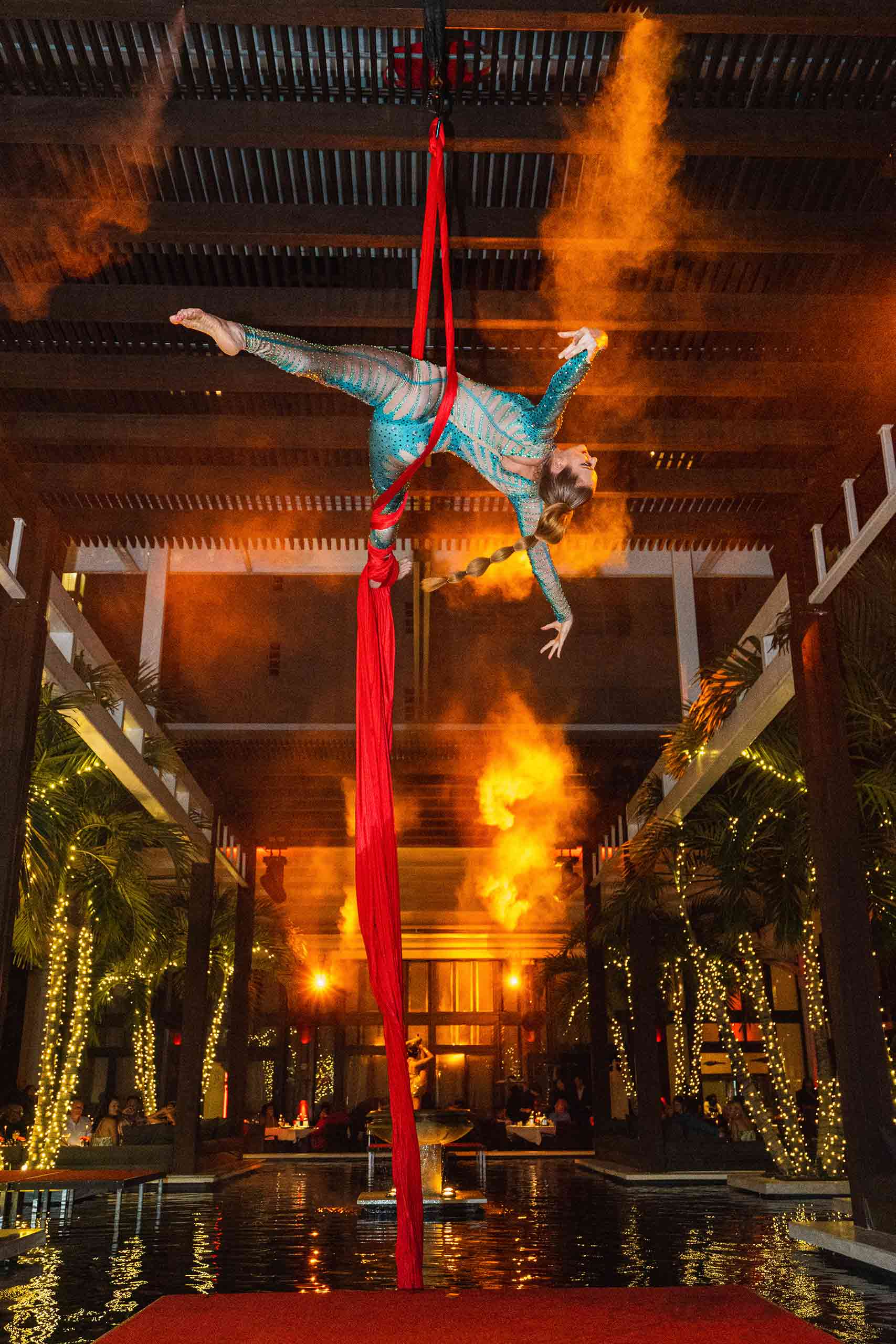 An arial acrobat performing at the Jaya restaurant.