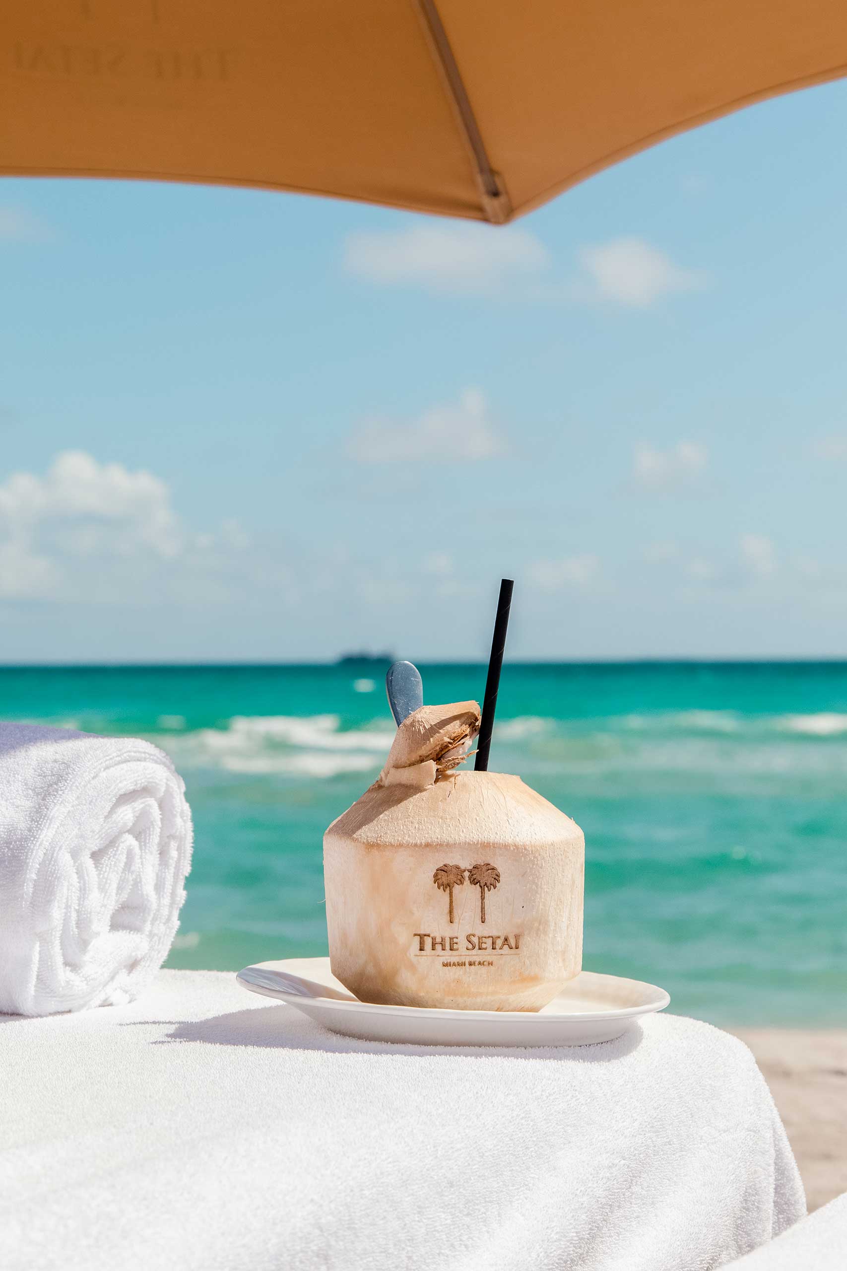 A coconut drink with the beach in the background.