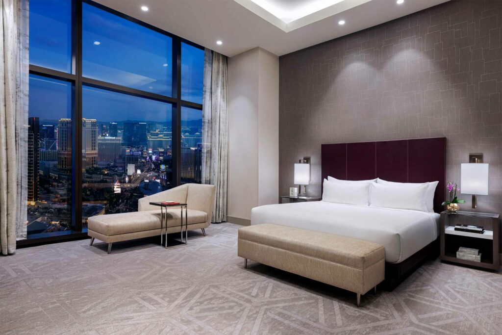 A bedroom at Crockfords Las Vegas, LXR Hotels & Resorts at Resorts World, Las Vegas, Nevada, USA