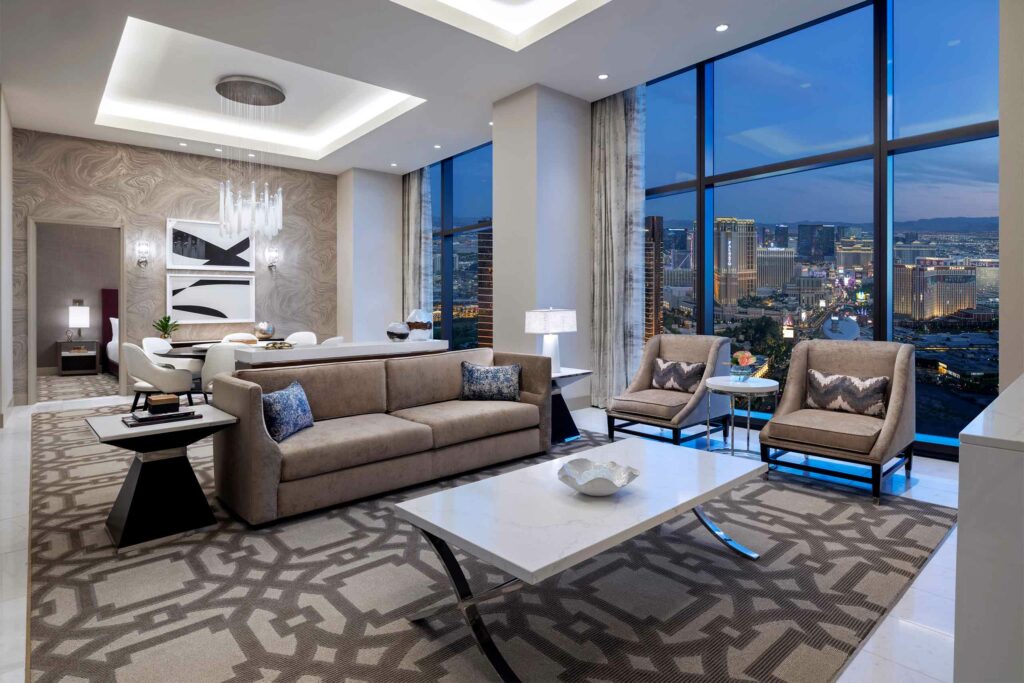 A living room with a view over Sin City, Nevada, USA
