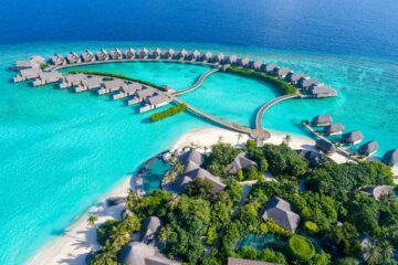 Aerial view of the overwater villas at Milaidhoo, The Maldives