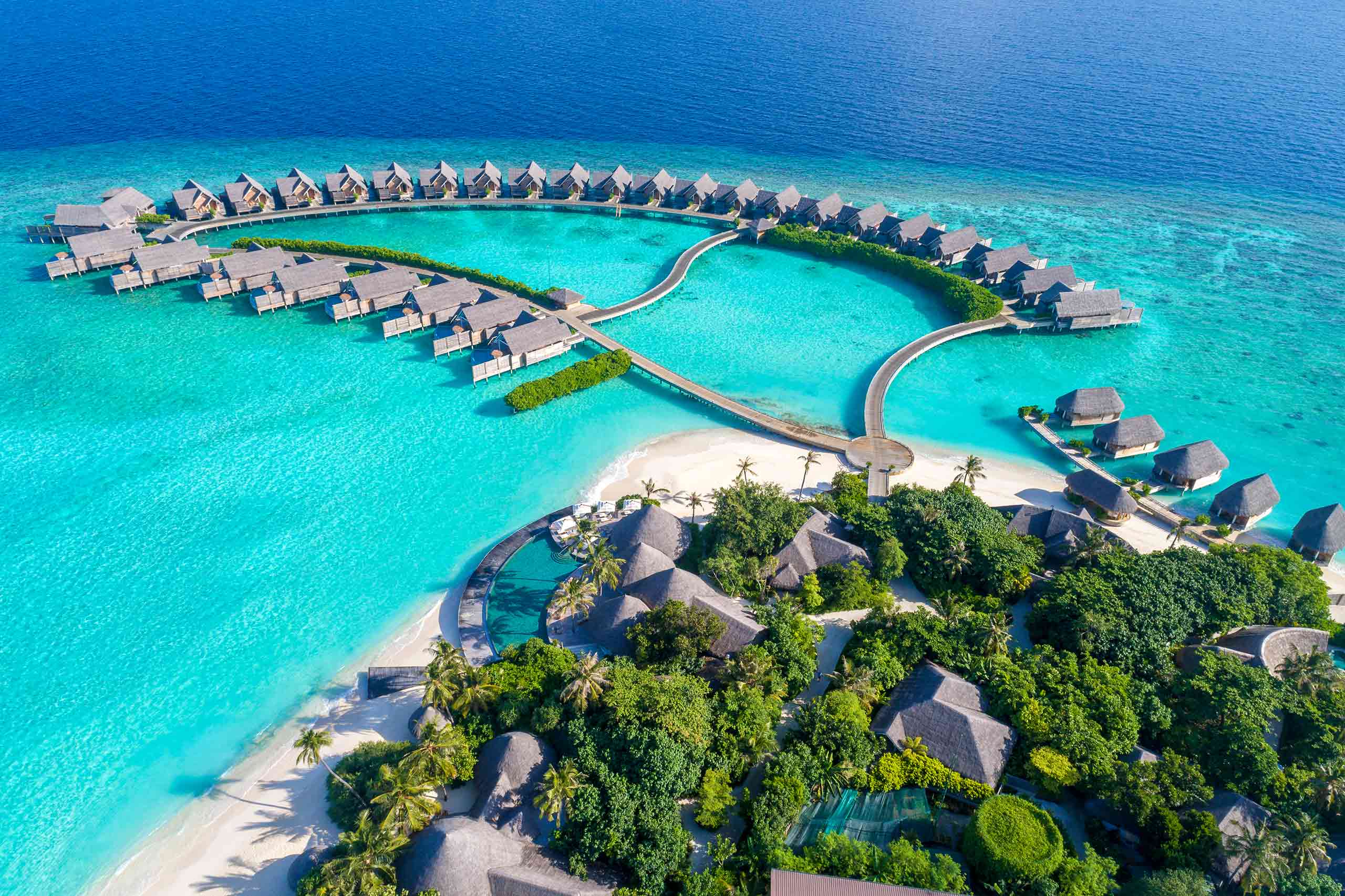 Aerial view of the overwater villas at Milaidhoo, The Maldives