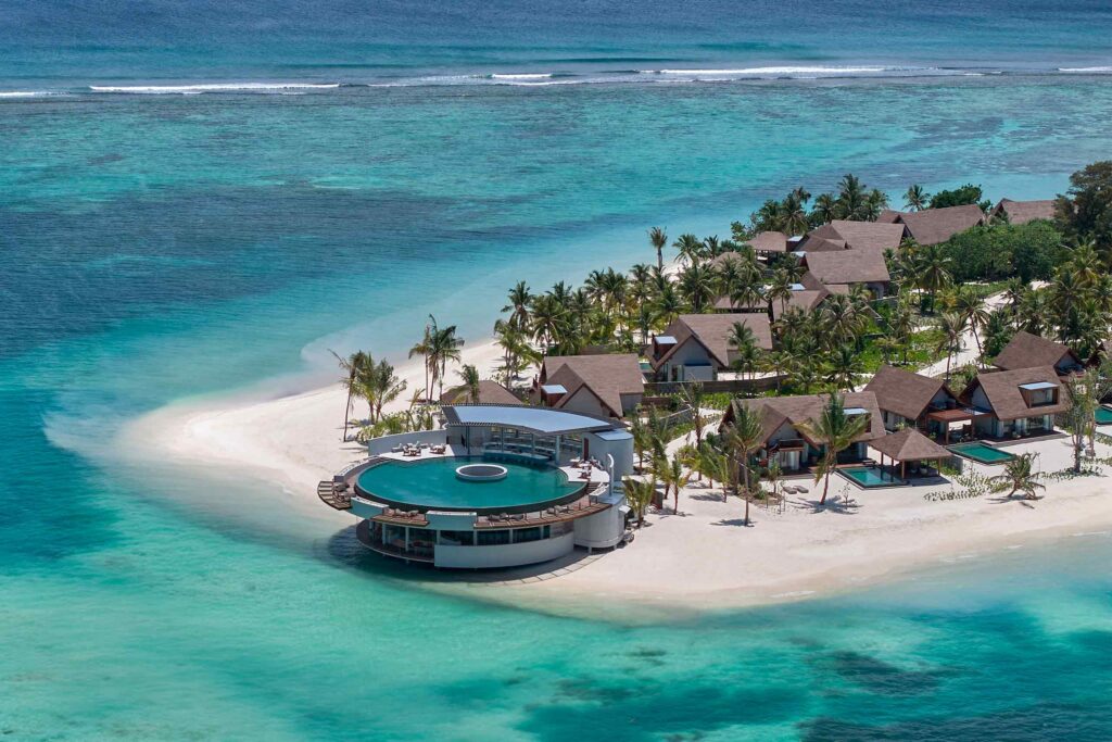 Aerial of The Point restaurant at Six Senses Kanuhura, The Maldives