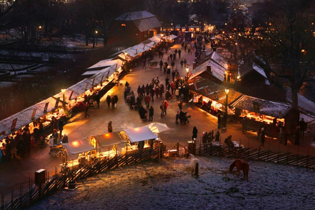 Skansen Christmas Market, bustling with unique stalls. One of the many gifts and experiences in Stockholm.