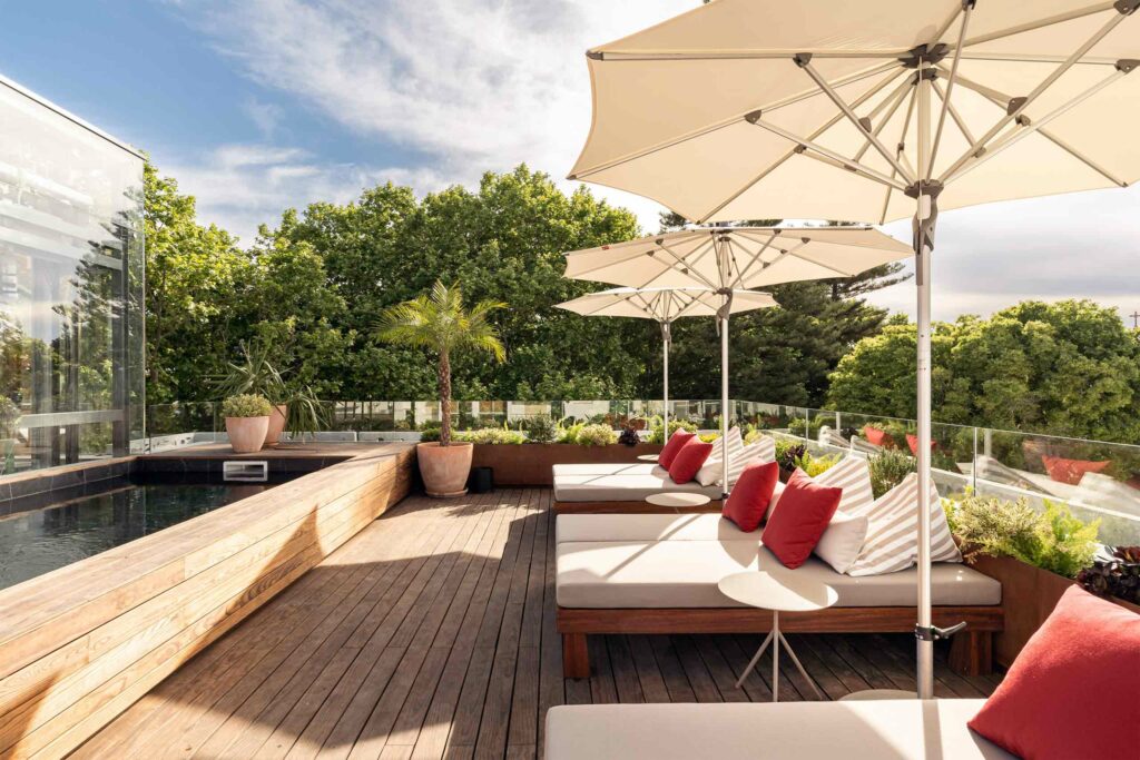 Poolside loungers on a rooftop in Portugal