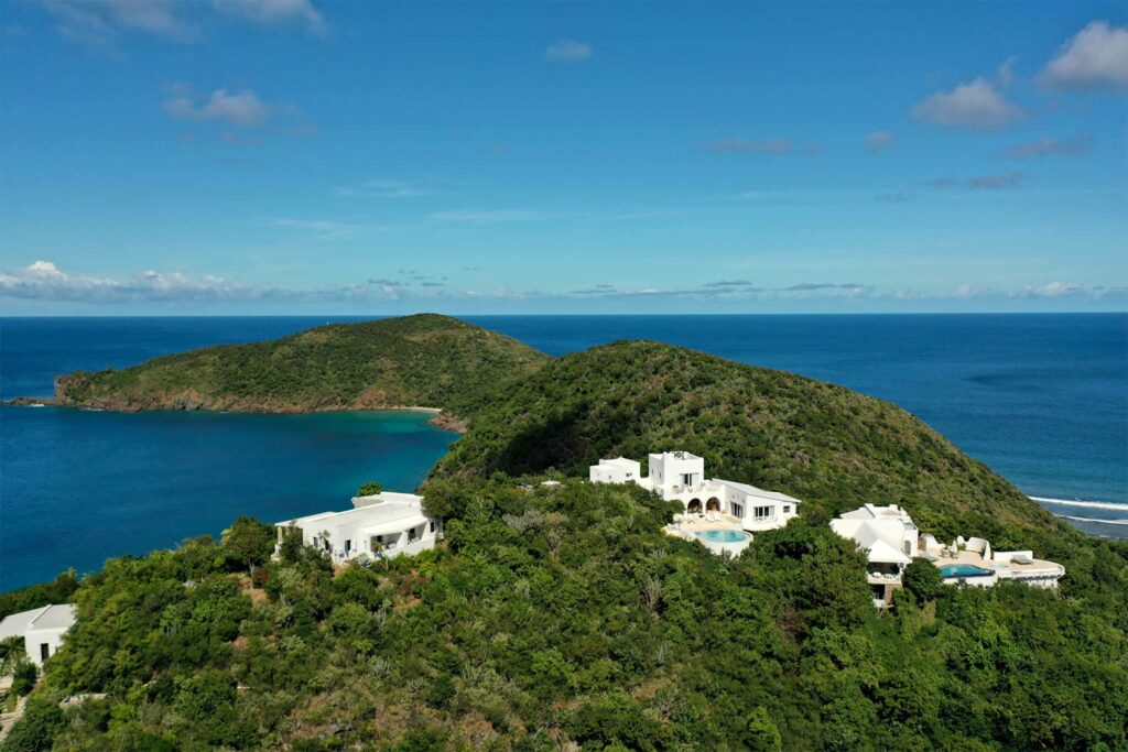 Aerial view of villas on Guana Island, British Virgin Islands