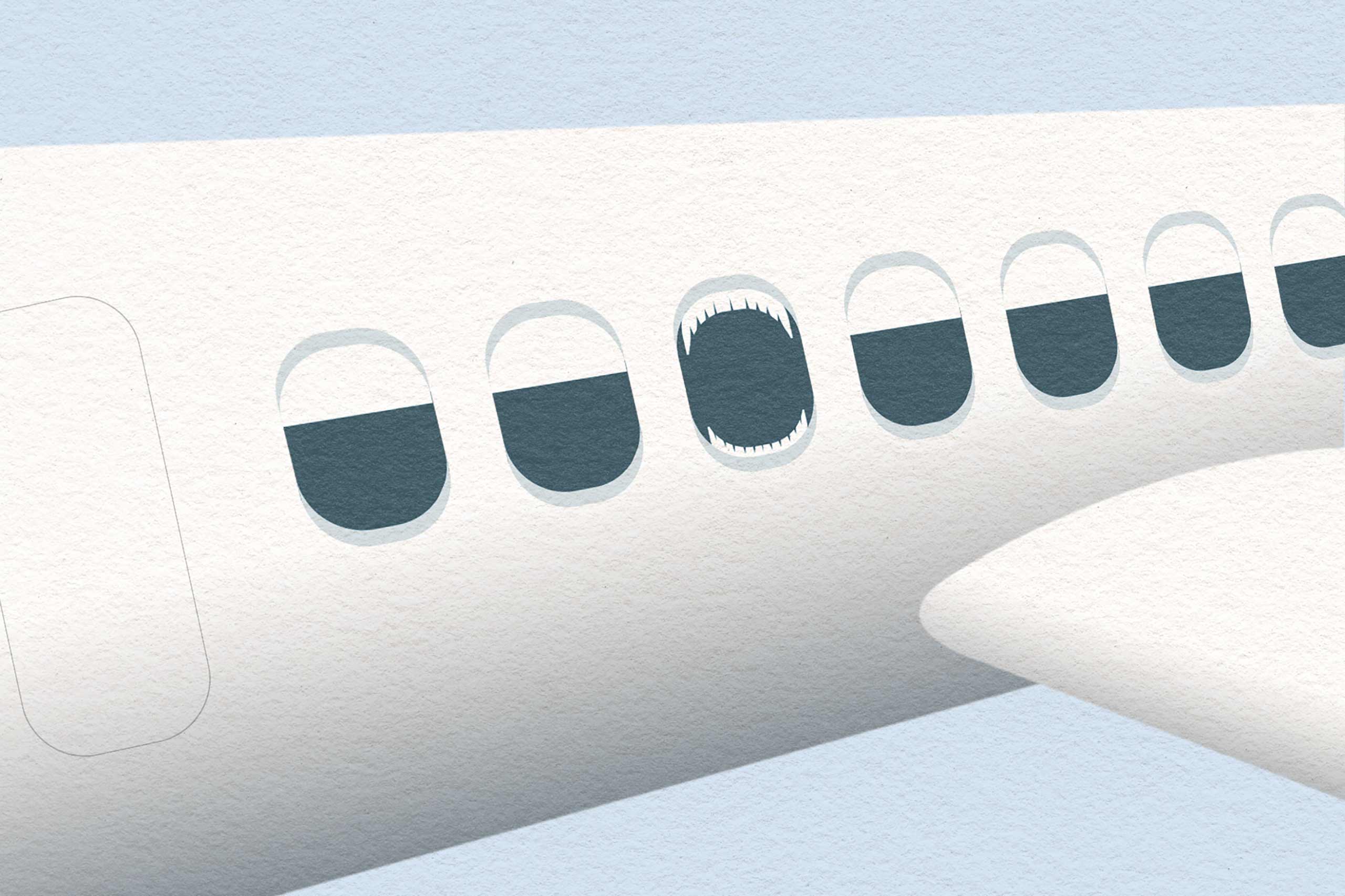 Illustration of a plane with a screaming window symbolising an anxious flyer