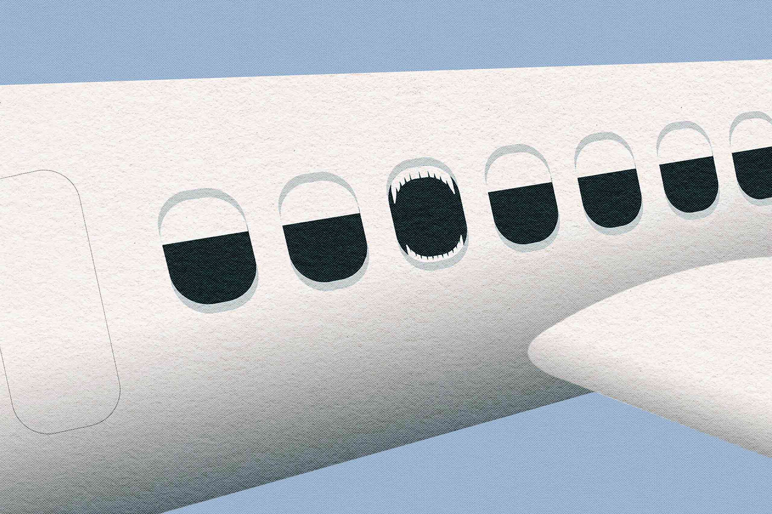 Illustration of a plane with a screaming window symbolising an anxious flyer