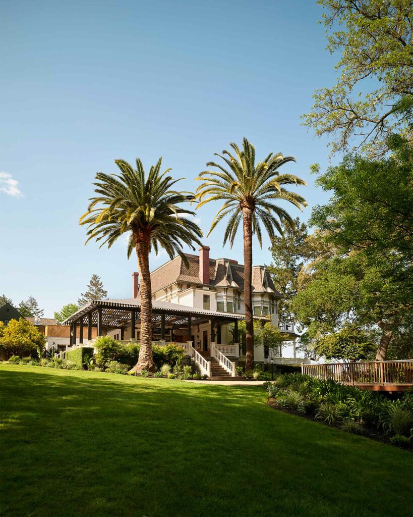 Exterior of The Madrona behind palm trees.