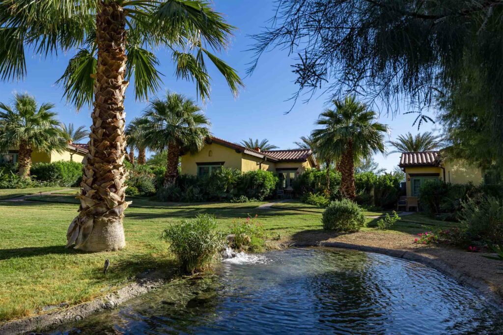 A quant yellow house behind a stream, surrounded by palm trees.