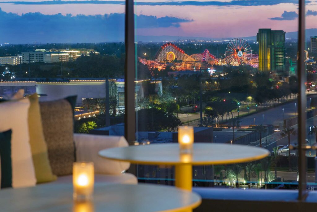 Sprawling views of Disney Land at nightfall. 