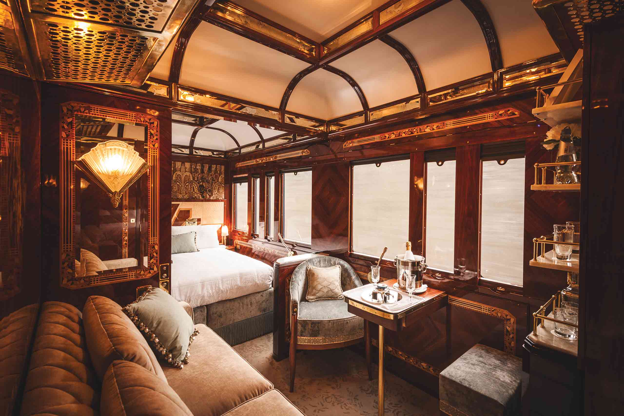 A regal bedroom aboard the Venice Simplon-Orient-Express.
