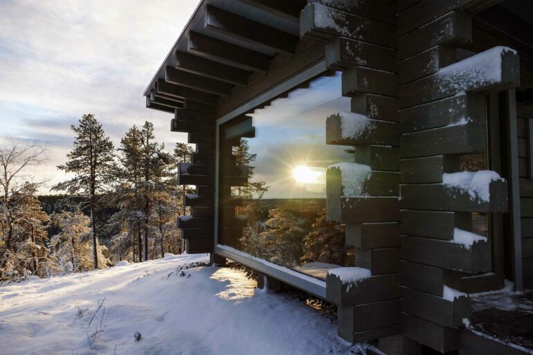 The sun is reflected in a window at Octola in the Arctic Circle, Finland
