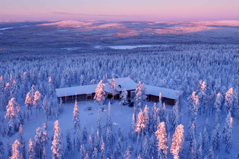 Aerial view of Octola during sunrise in Finnish Lapland
