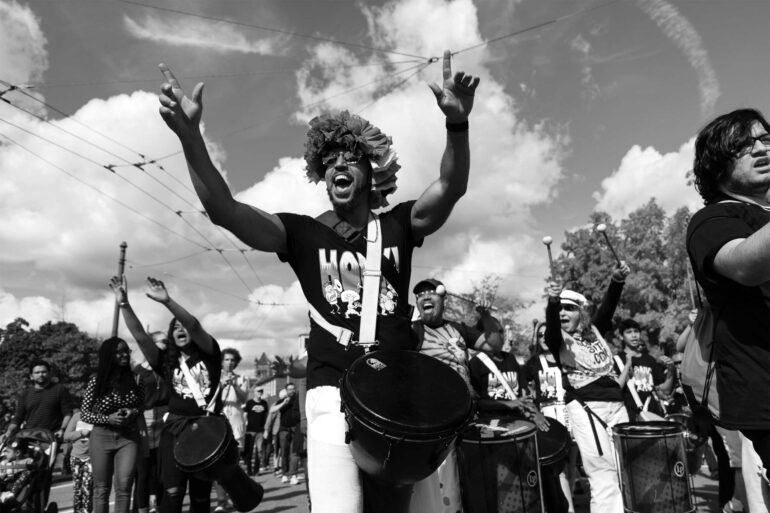 People during a parade in Boston, Massachusetts, USA