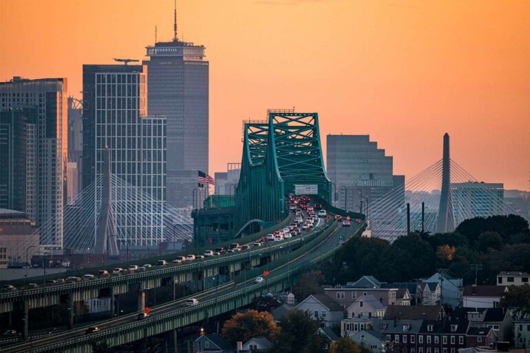 Sunset over the Maurice J. Tobin Memorial Bridge, Boston, Massachusetts, USA