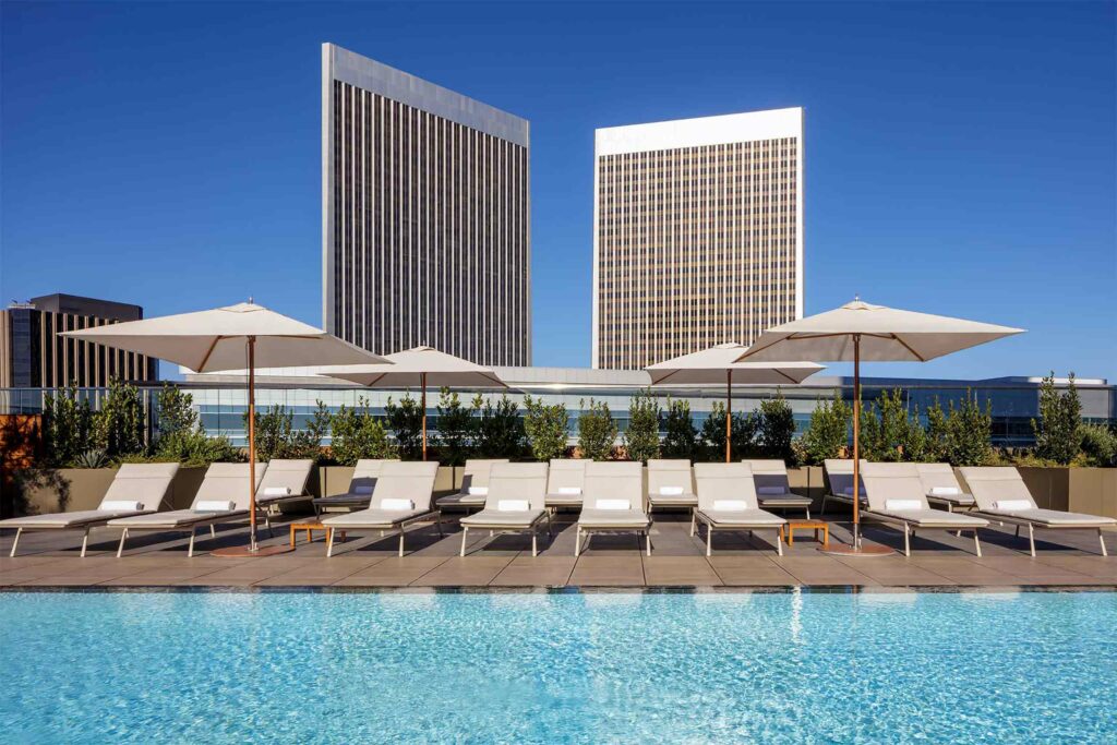 Rooftop pool at Fairmont Century Plaza, Los Angeles, California, USA.