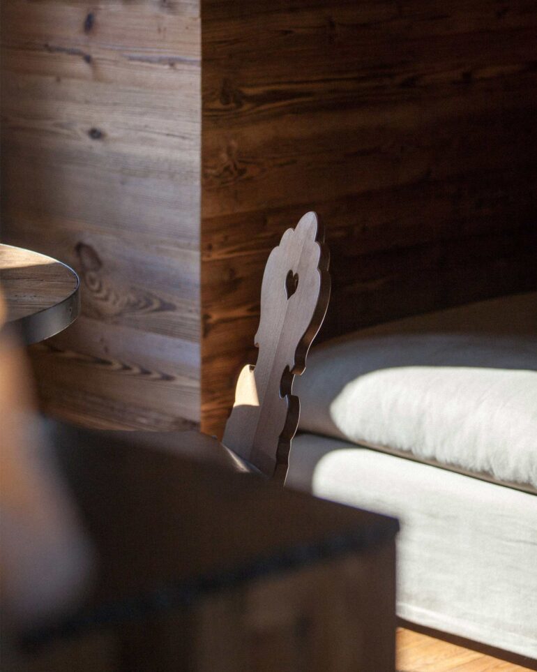 A carved wooden chair at Hotel Arlberg, Lech, Austria