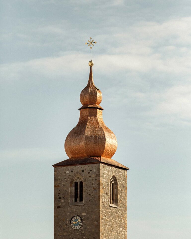 Bell tower of the Pfarrkirche in Lech, Austria