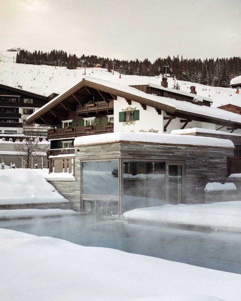 A steaming hot outdoor pool at Hotel Arlberg, Lech, Austria