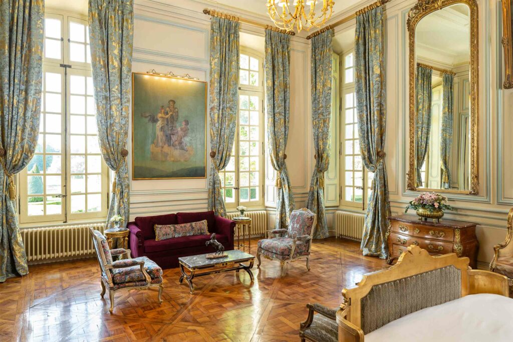 Interiors of the Baron Suite at the Hotel Château du Grand-Lucê, Pays de la Loire, France, one of the most luxurious homes turned hotels