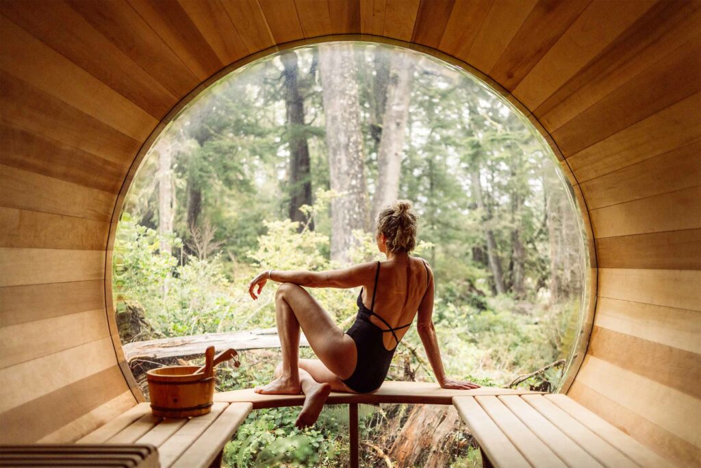 Sauna with view of the Canadian forest, Vancouver Island, Canada