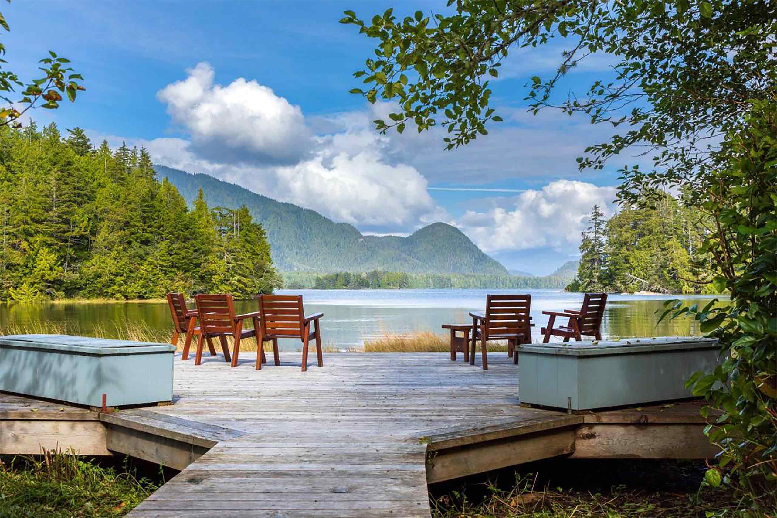 Outdoor seating with view over the landscape at Hotel Zed Tofino, Tofino, Vancouver Island, Canada