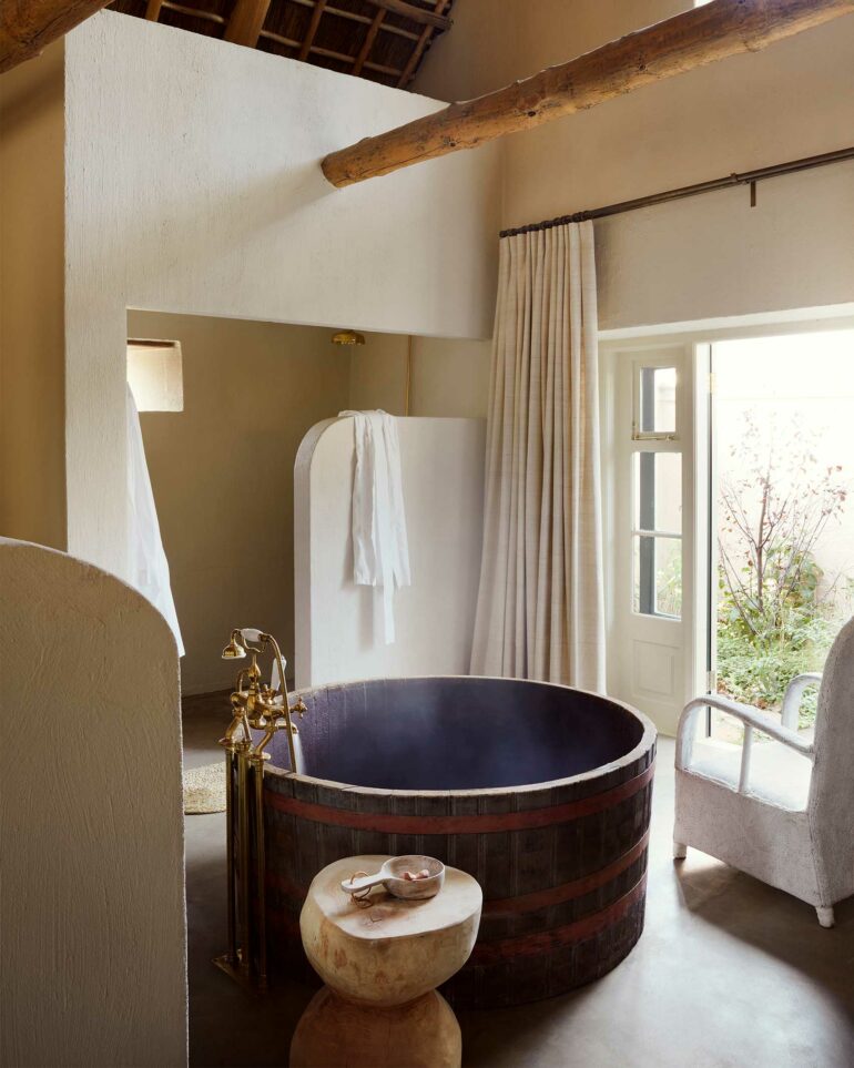 A wooden bathtub at Sterrekopje, Franschhoek, South Africa