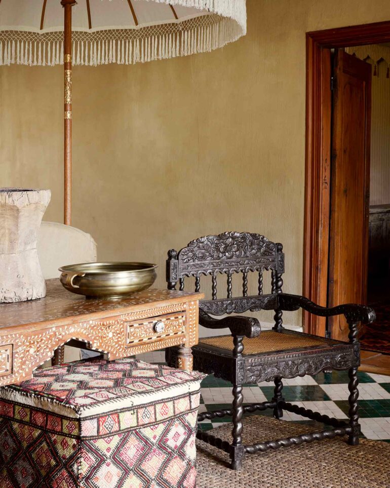 A hand-carved wooden chair at Sterrekopje, Franschhoek, South Africa