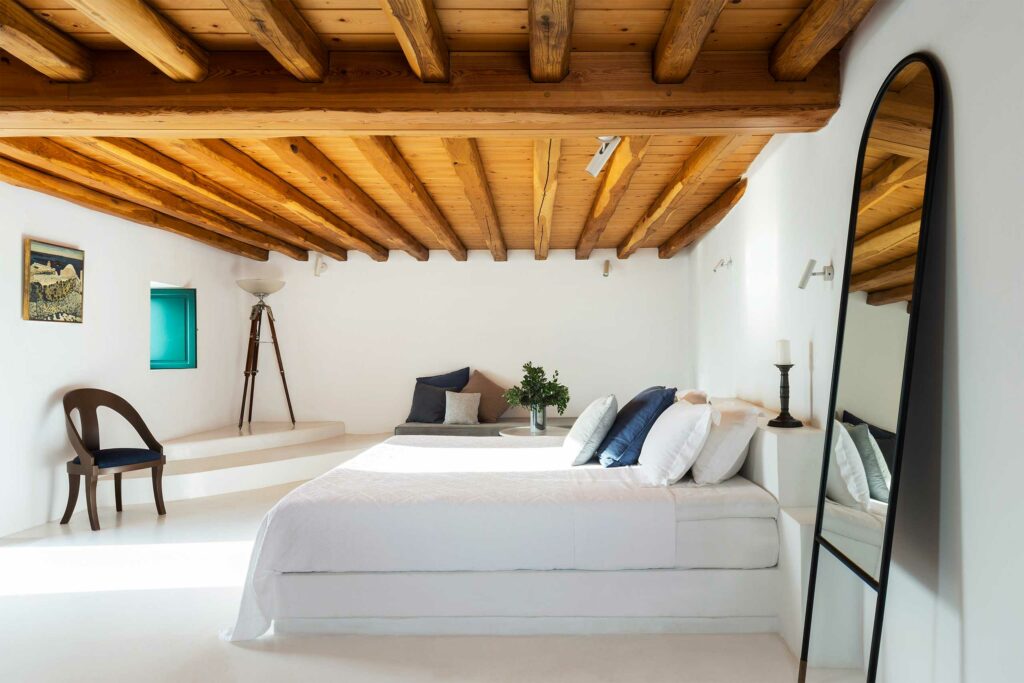 A bedroom at The Vasilicos, Santorini, Greece, one of the most beautifully appointed homes turned hotels