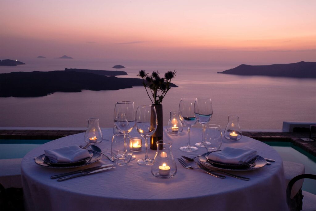 Sunset dinner at The Vasilicos, Santorini, Greece, one of the most romantic homes turned hotels
