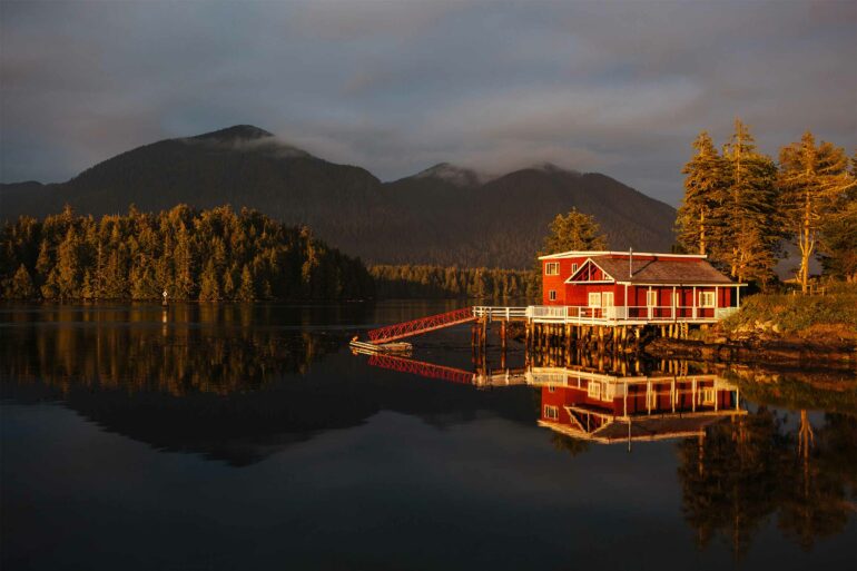 A red boathouse in Tofino, Vancouver Island, Canada