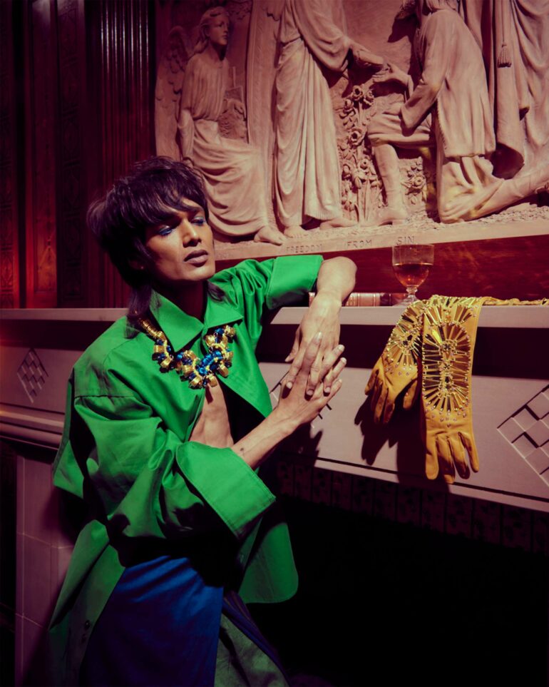Namal Lanka models a green shirt at l'oscar London, United Kingdom