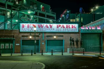 Green light engulfs Fenway Park Stadium in Boston, Massachusetts, USA