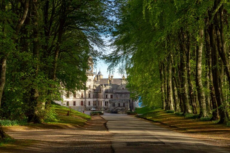 Road leading to Dunrobin Castle in Scotland