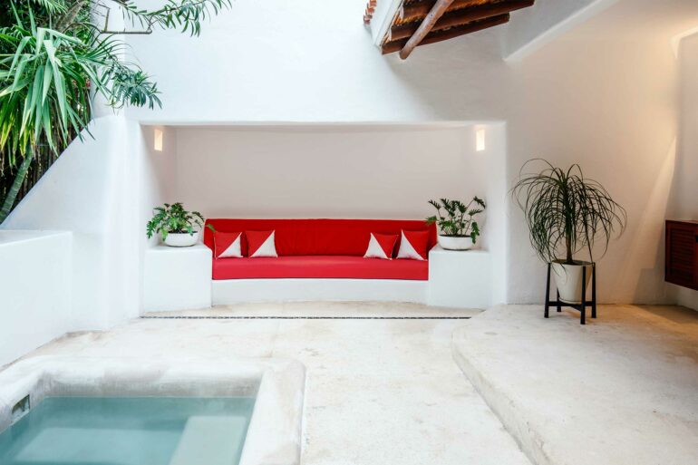 A seating area part of the Jungle Suite at Hotel Esencia, Xpu-Ha, Mexico