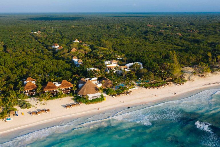 Aerial view of the beach at Hotel Esencia, Xpu-Ha, Mexico