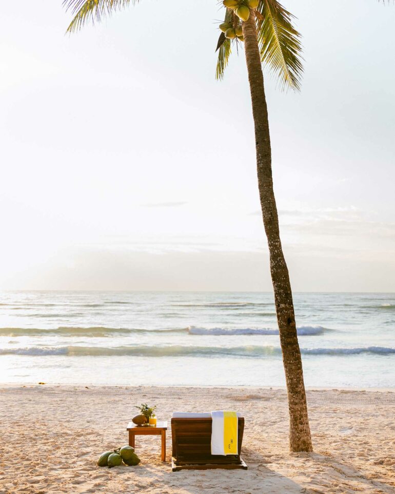 A private lounger on the beach at Hotel Esencia, Xpu-Ha, Mexico