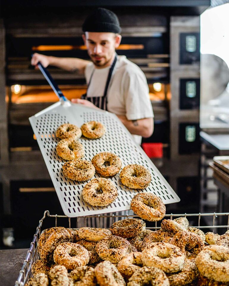 Freshly baked bagels at Bross Bagels, a new addition to Scottish cuisine. Perthshire, Scotland