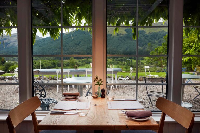 Restaurant at Monachyle Mhor Loch, where Scottish cuisine is served. Perthshire, Scotland