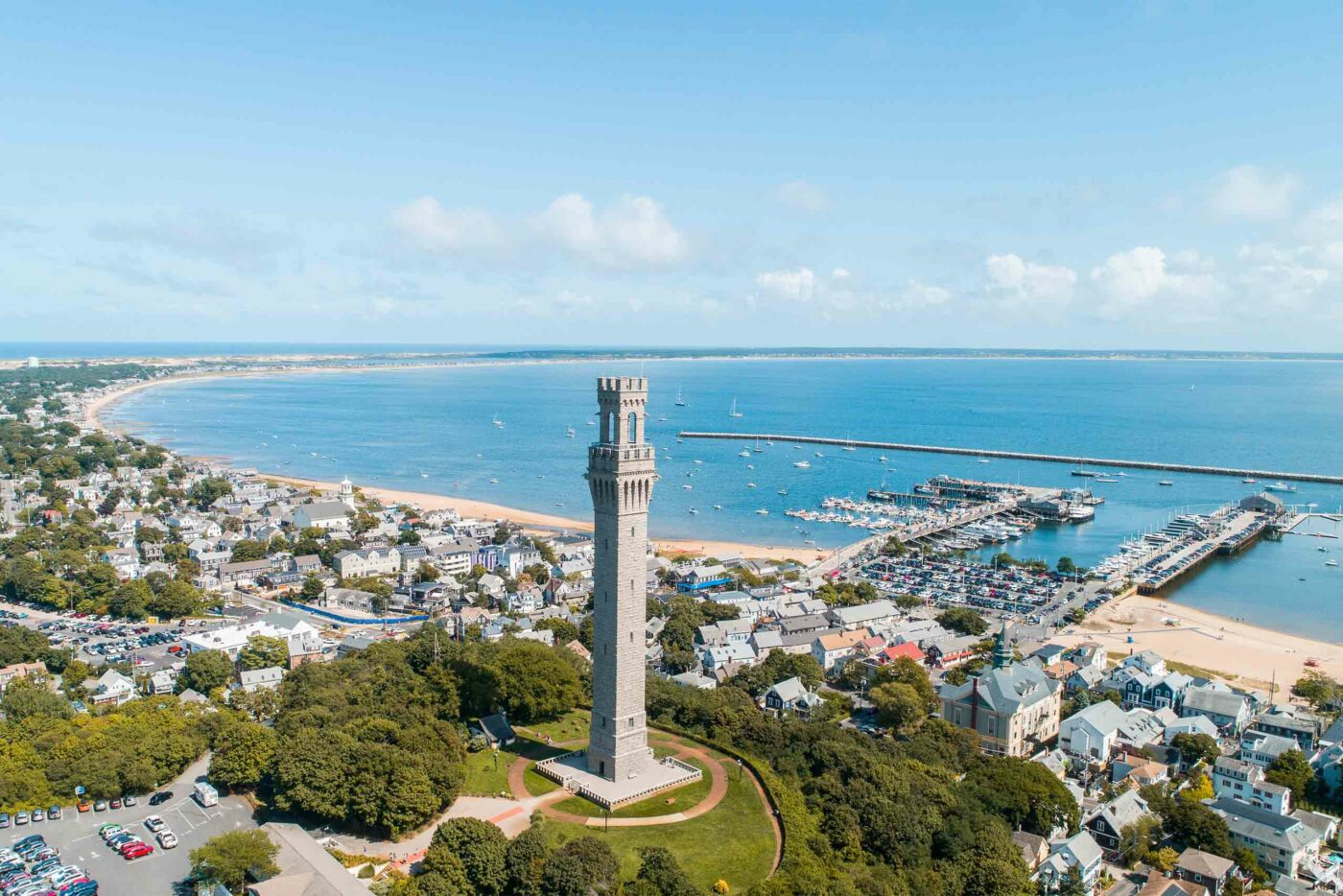 Aerial view of the Pilgrim Monument in Provincetown, Massachusetts, USA