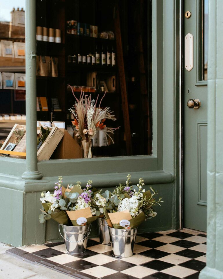 Flower bouquets for sale outside The Bear's Larder, Edinburgh, Scotland