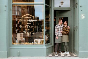 Kit Binnie and Tim Henshaw pose outside The Bear's Larder, Edinburgh, Scotland