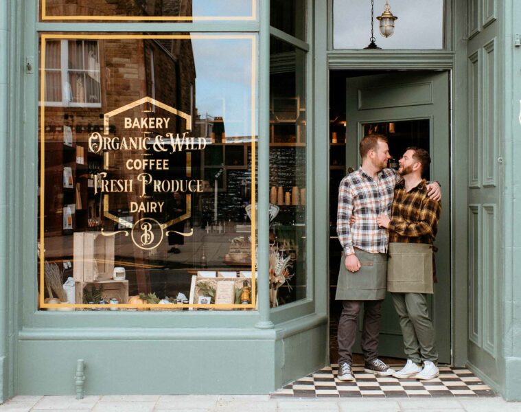 Kit Binnie and Tim Henshaw pose outside The Bear's Larder, Edinburgh, Scotland