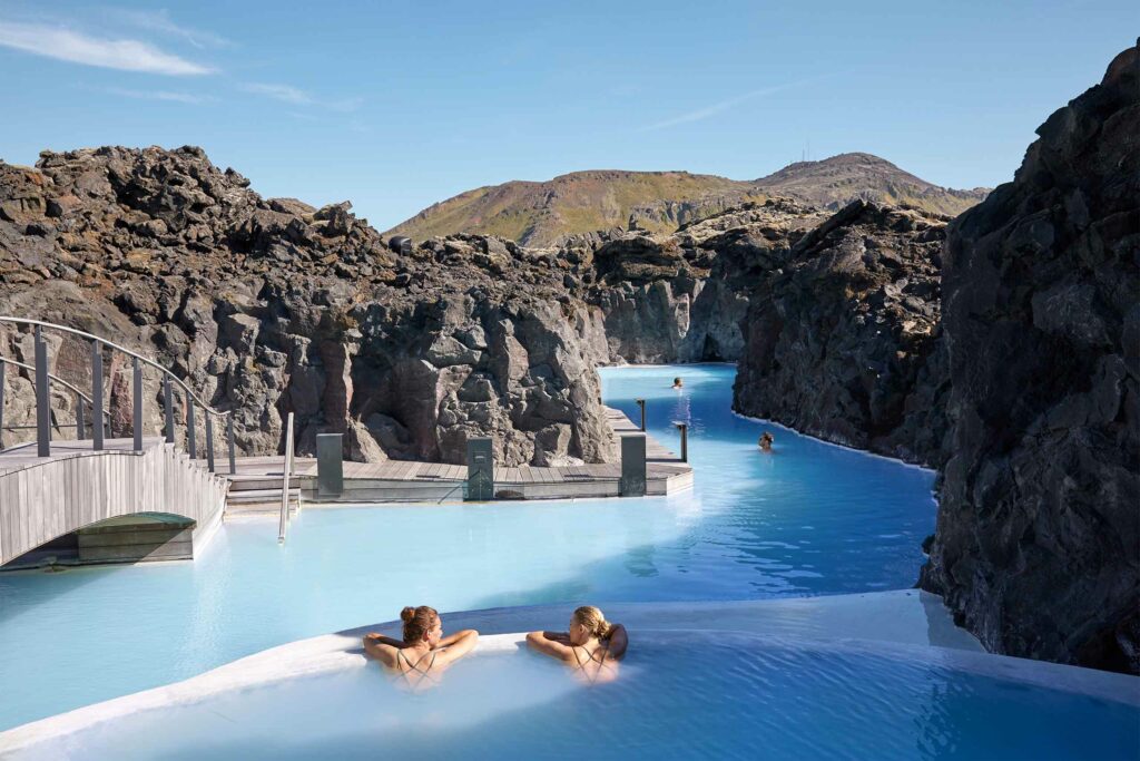 Guests enjoy the blue lagoon at The Retreat at Blue Lagoon, Grindavík, Iceland