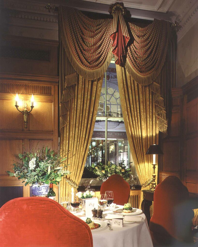 An old photo of Brown's Hotel's interior dining space.