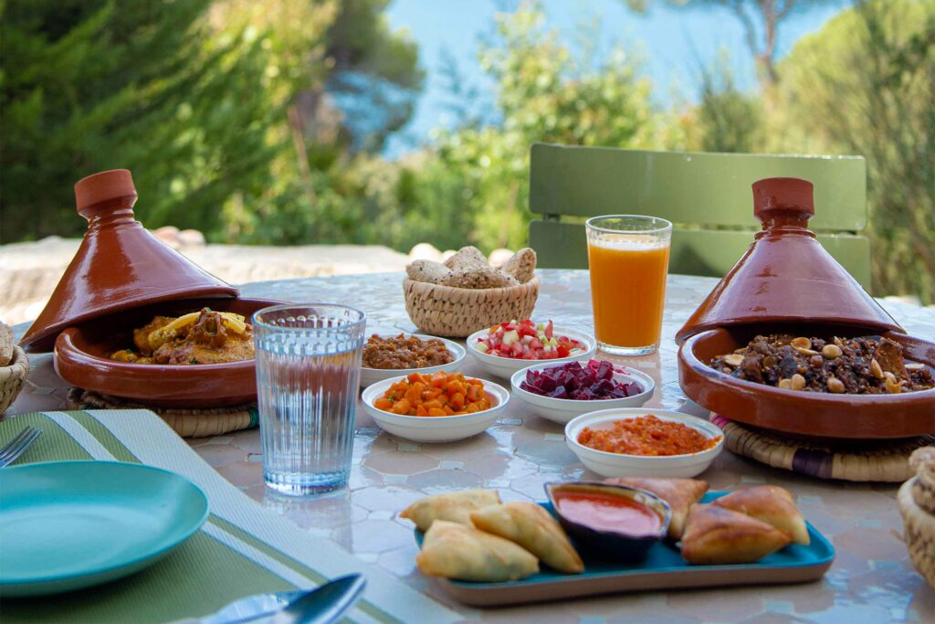 A spread of traditional Moroccan dishes for brunch.