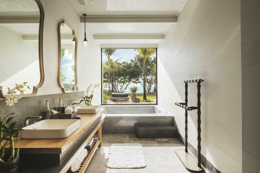 Beachfront Pool Villa bathroom with a view at Anantara Koh Yao Yai.