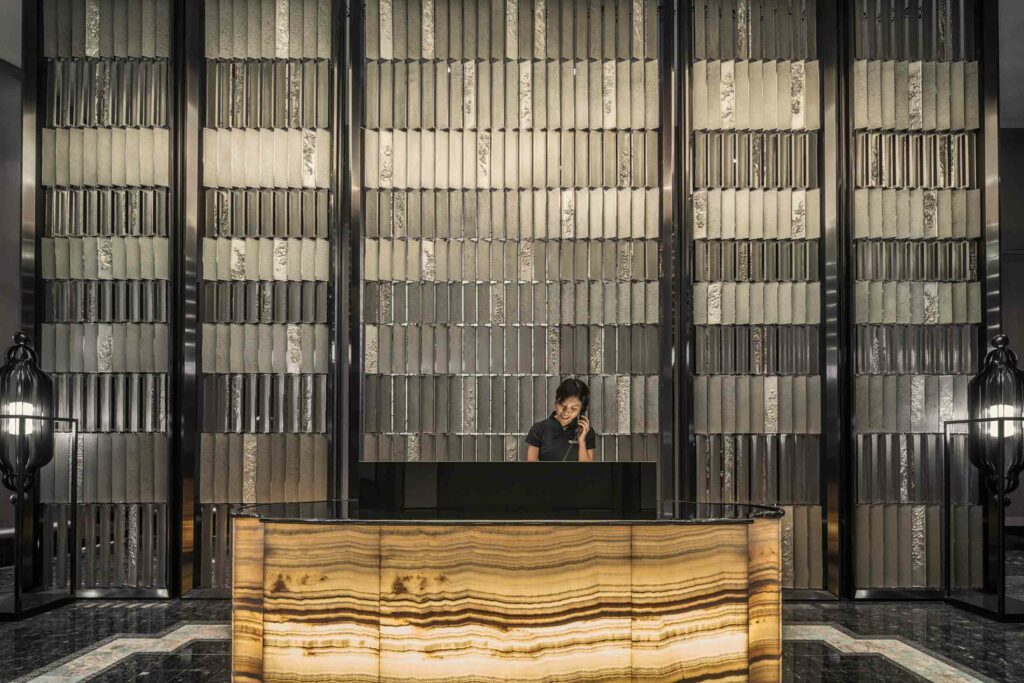 The imposing front desk at the Four Seasons Kuala Lumpur, Malaysia