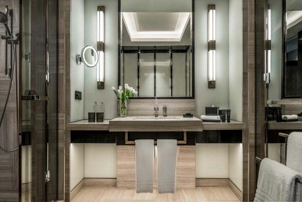 An elegant modern bathroom at the Four Seasons Kuala Lumpur, Malaysia.